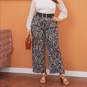 Plus Paisley Print Wide Leg Pants (Without Belt)